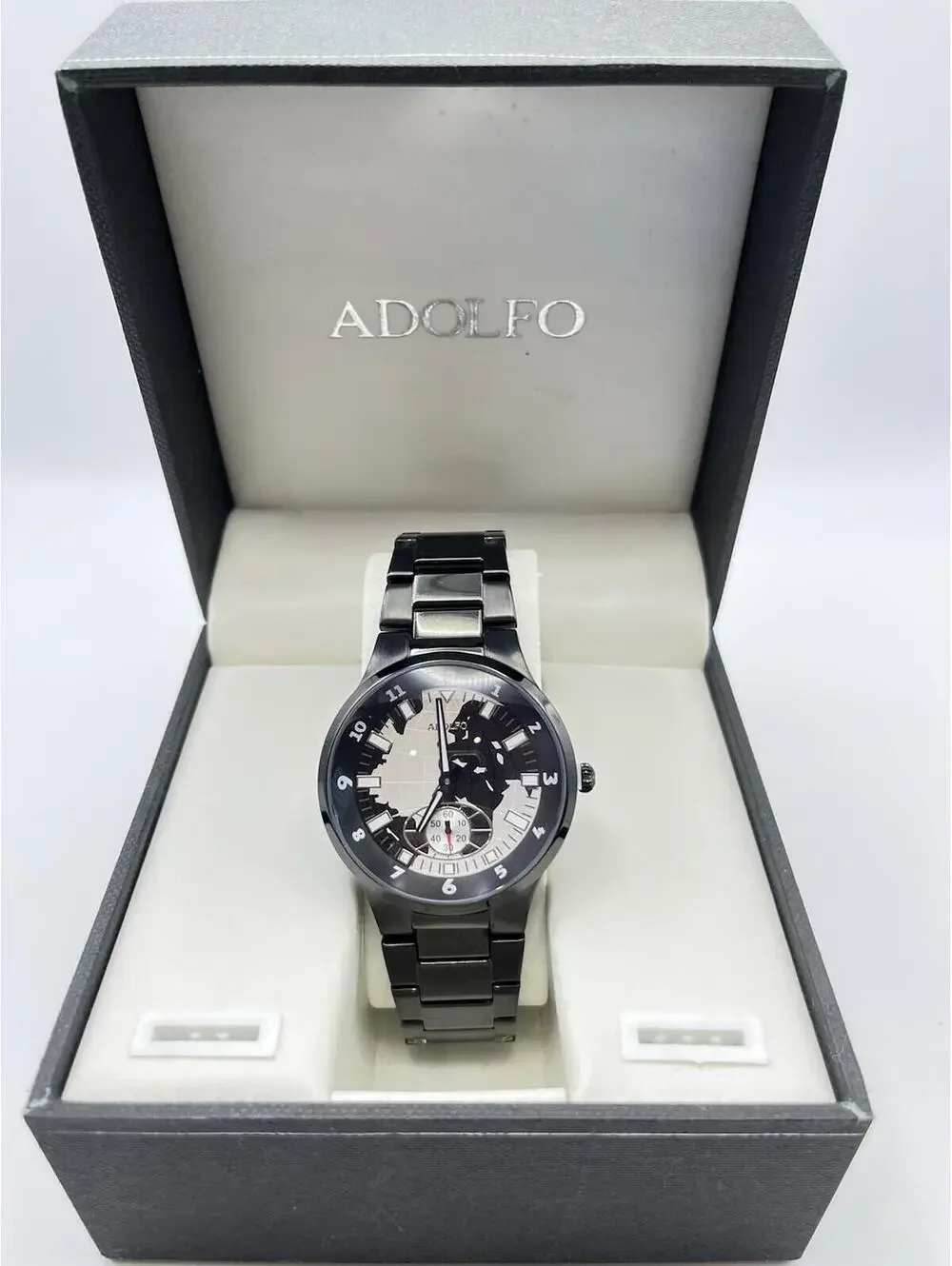 ADOLFO Men’s Watch World Map Black and white Quartz New in box Works